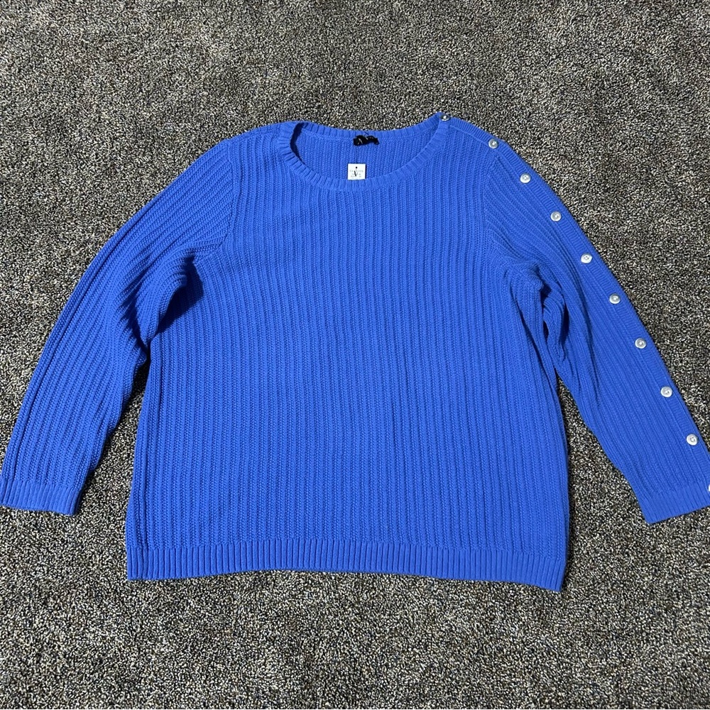 NWT Talbots Plus 2X blue asymmetrical button sleeve cable knit crew neck sweater